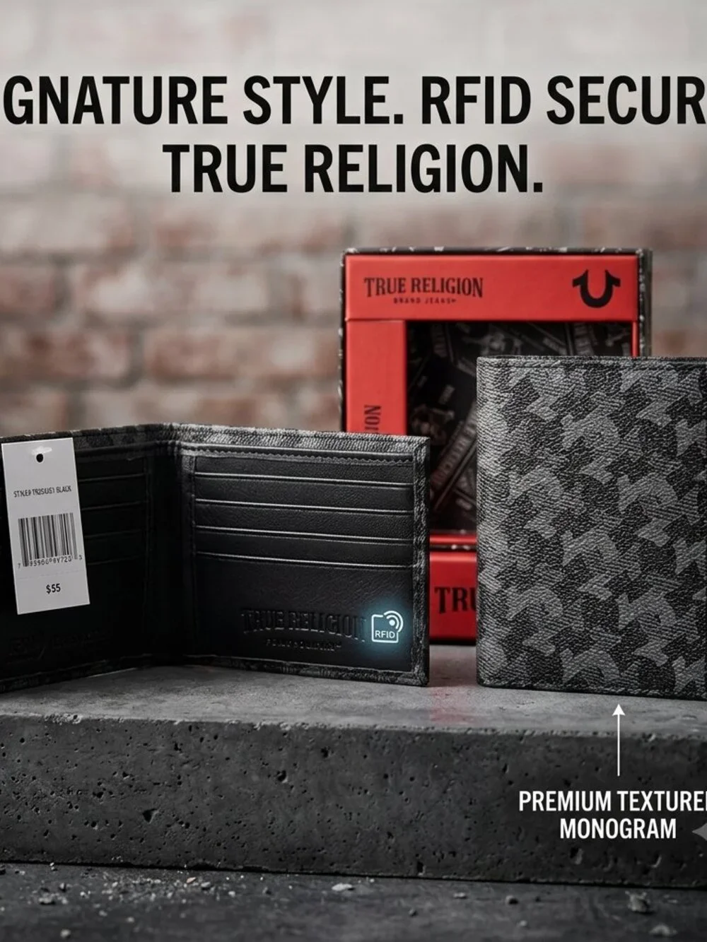 RUE RELIGION Black Leather Bifold Wallet Logo Boxed RFID Gift for Men NWT